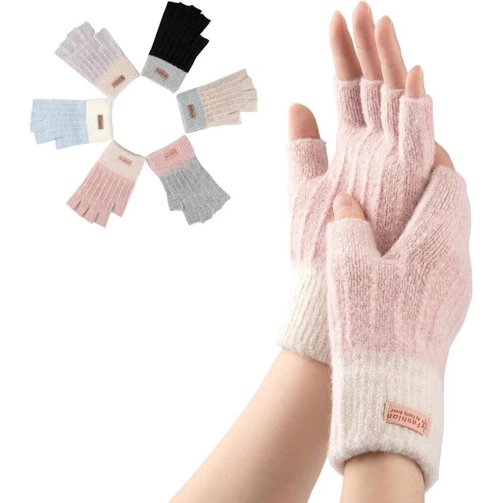 Women's Pink Half Finger Fingerless Knitted Fall Winter Warm Mittens Gloves